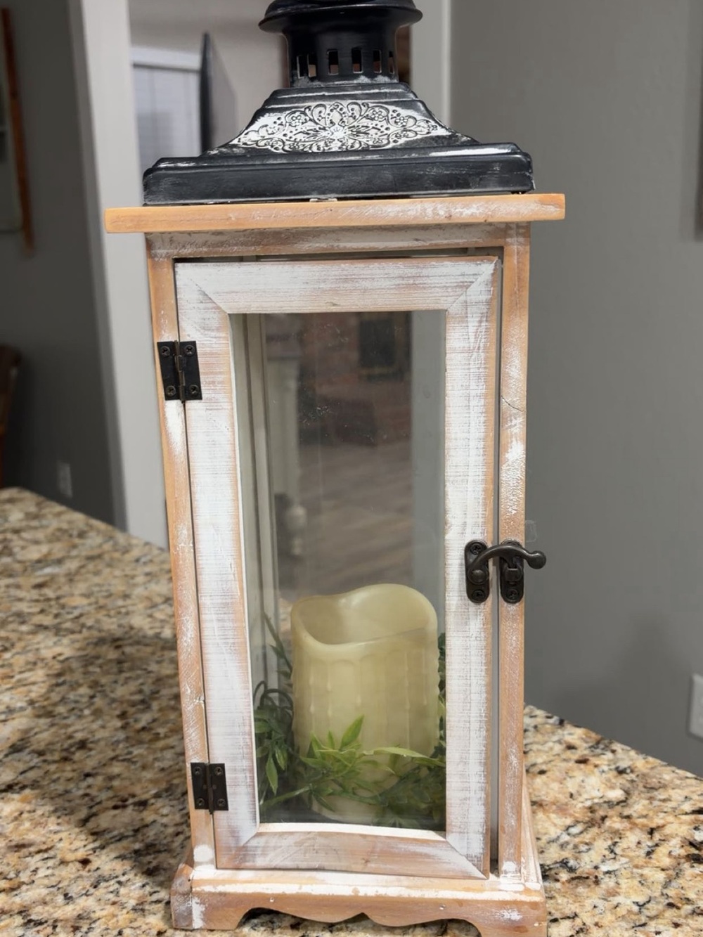 Rustic Whitewashed Wood Lantern with Black Metal Top -